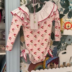 Festive Santa Print Kids Bathingsuit with Ruffle Collar